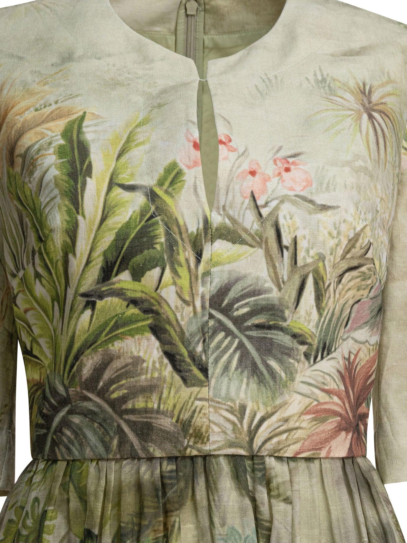 ワンピース Elie Saab Printed Linen and Silk Midi Dress Green Elie Saab Printed Linen And Silk Midi Dress Oasis Ii38 Linen