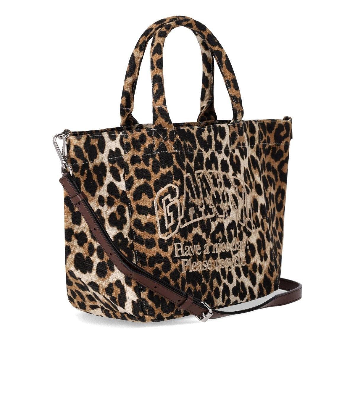 トートバッグ Ganni Shopping leopard embroidery logo Ganni Leopard Print Small Shopping Bag in Black | Lyst
