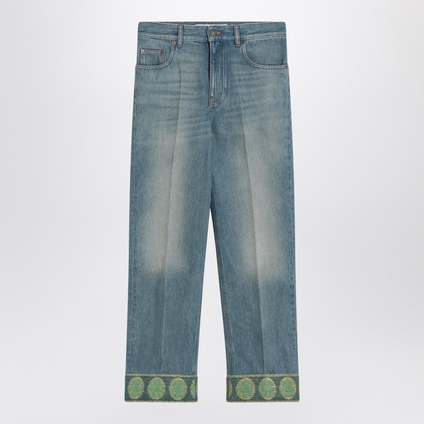 ボトムスその他 Valentino Faded blue jeans with jacquard background Jacquard-trimmed straight jeans in blue - Valentino | Mytheresa