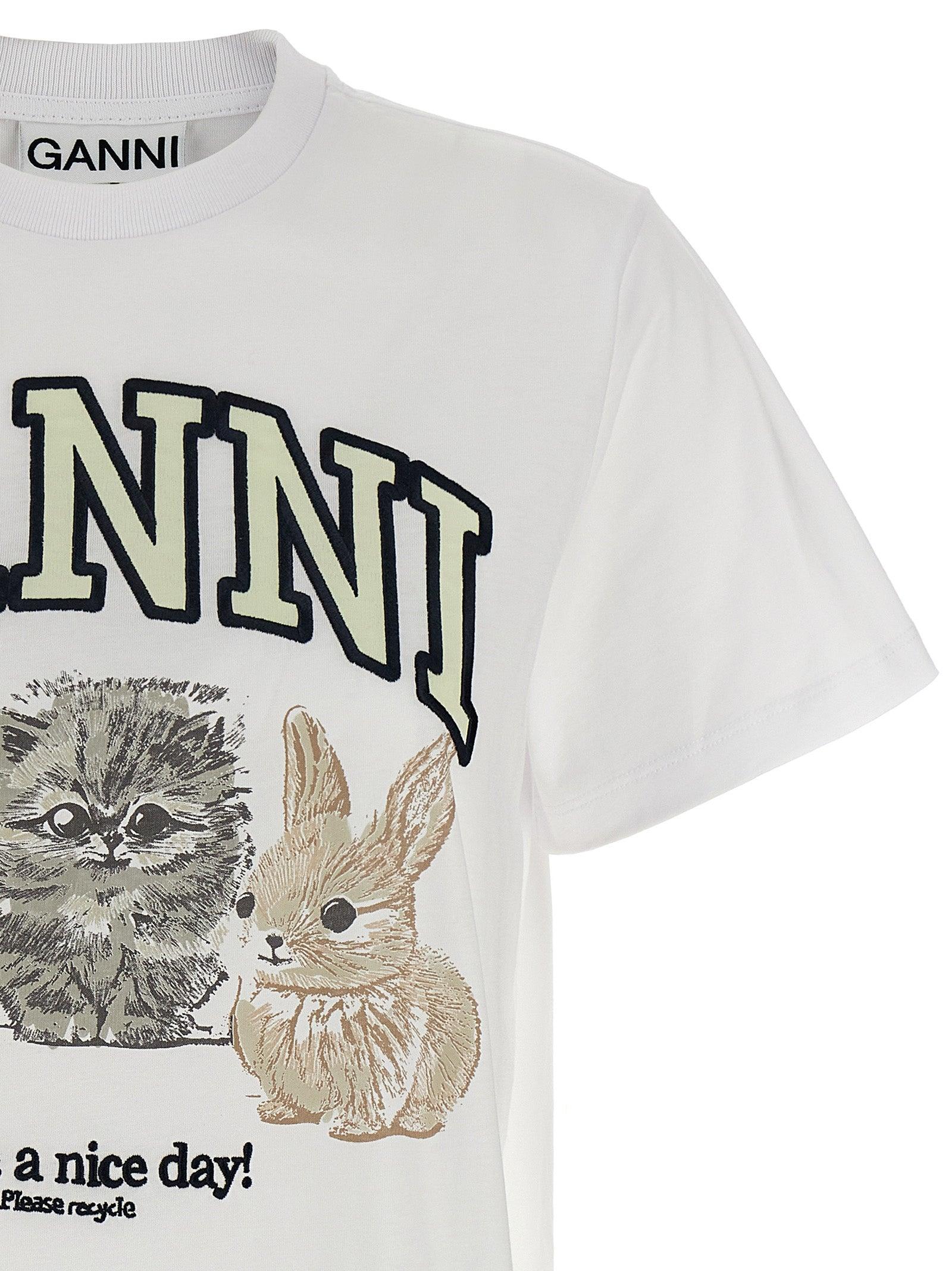 Ganni Basic Cotton Jersey Animals Relaxed T-Shirt in White