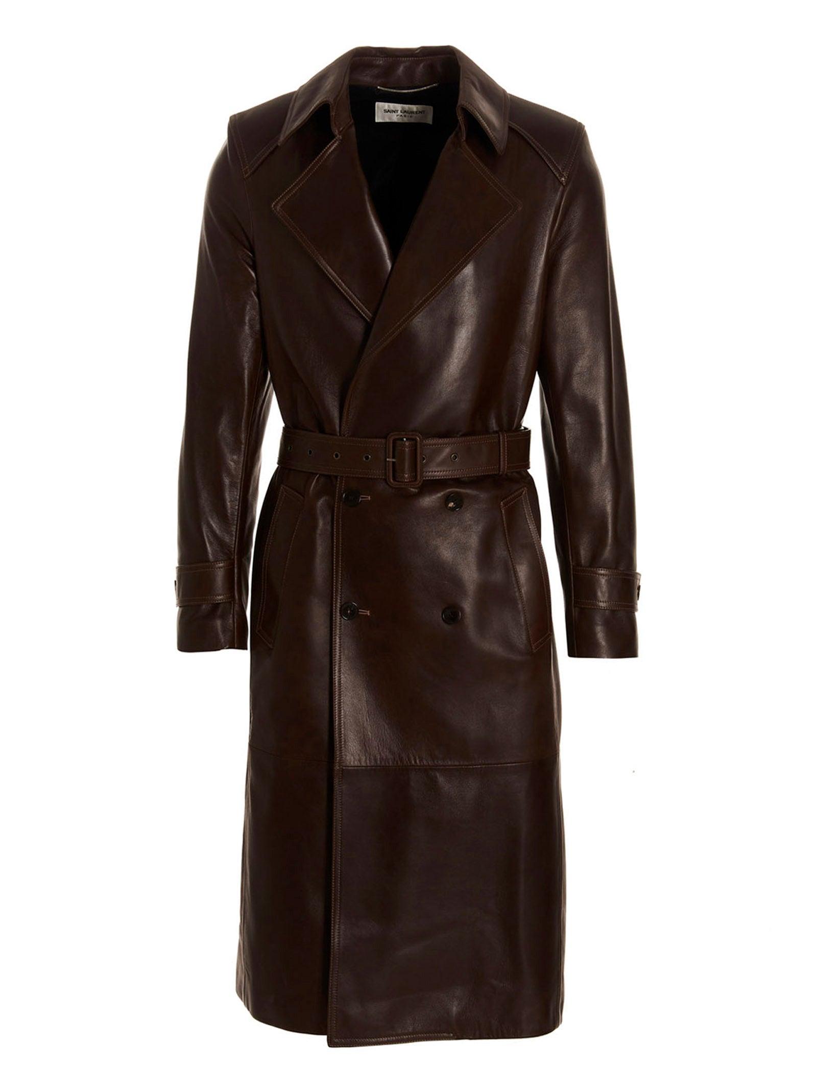 Saint Laurent Lambskin Double-Breasted Trench Coat in Brown for