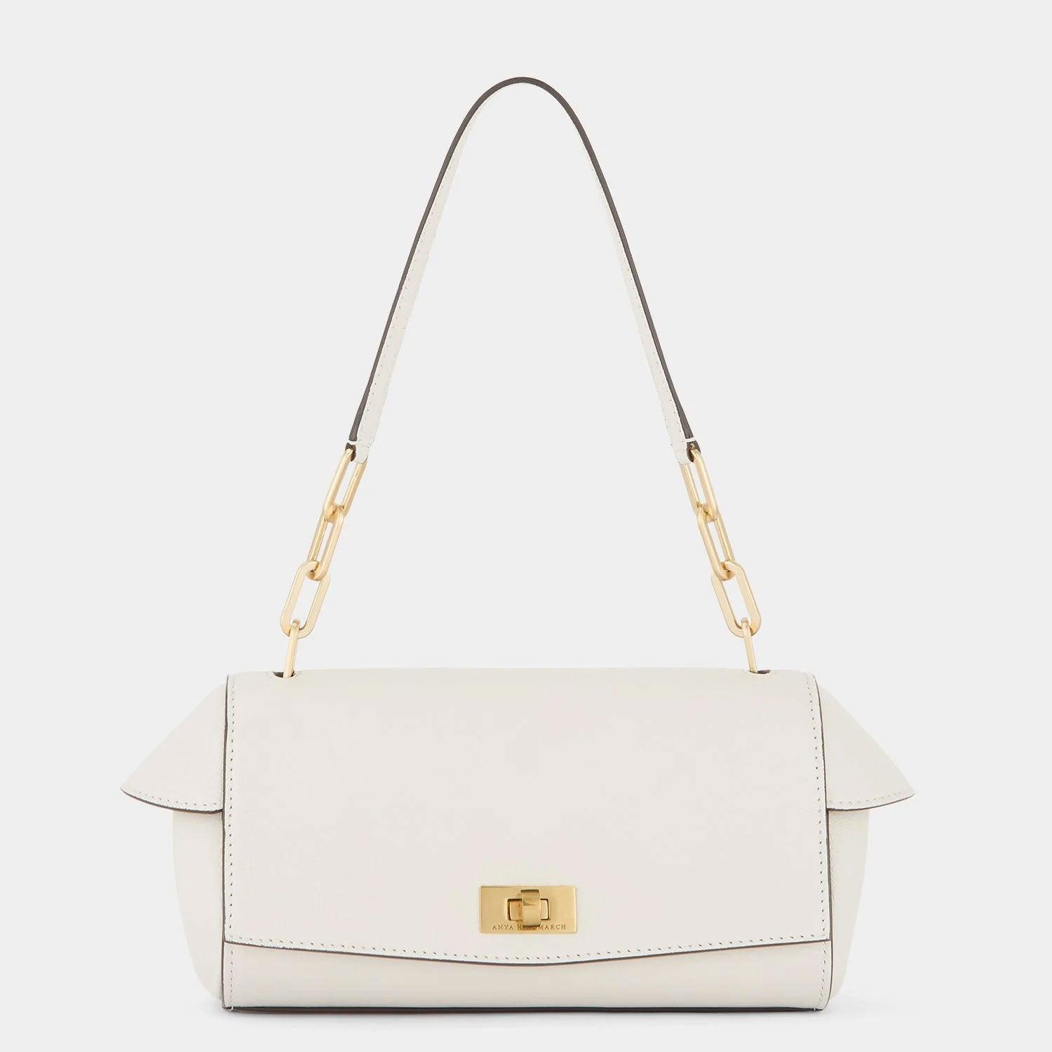 Sac Bandoulière Anya Hindmarch En Cuir Grainé Gris Clair - Rabat Blanc, Occasion Très Bon état