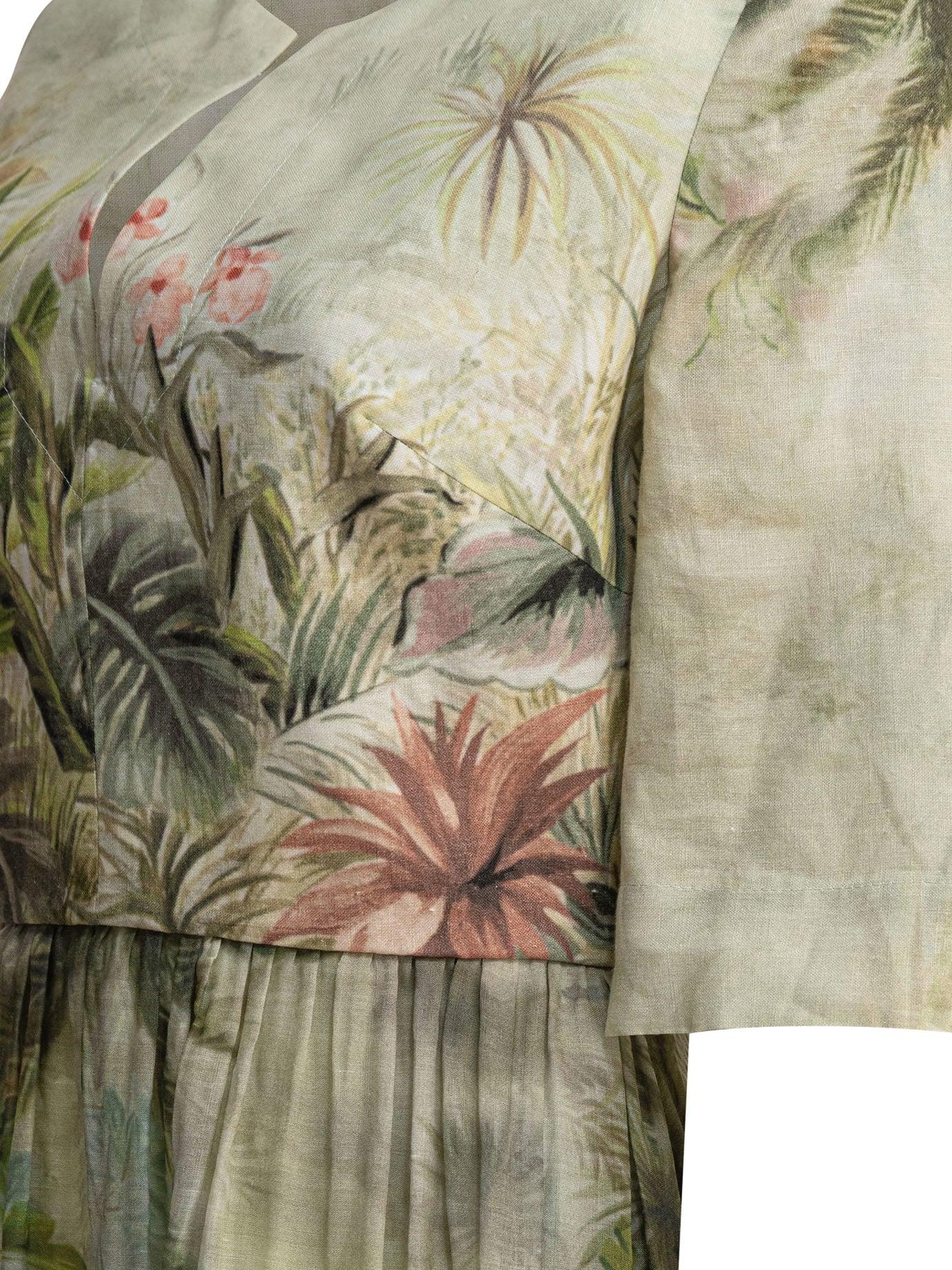 ワンピース Elie Saab Printed Linen and Silk Midi Dress Green Elie Saab Printed Linen And Silk Midi Dress Oasis Ii38 Linen
