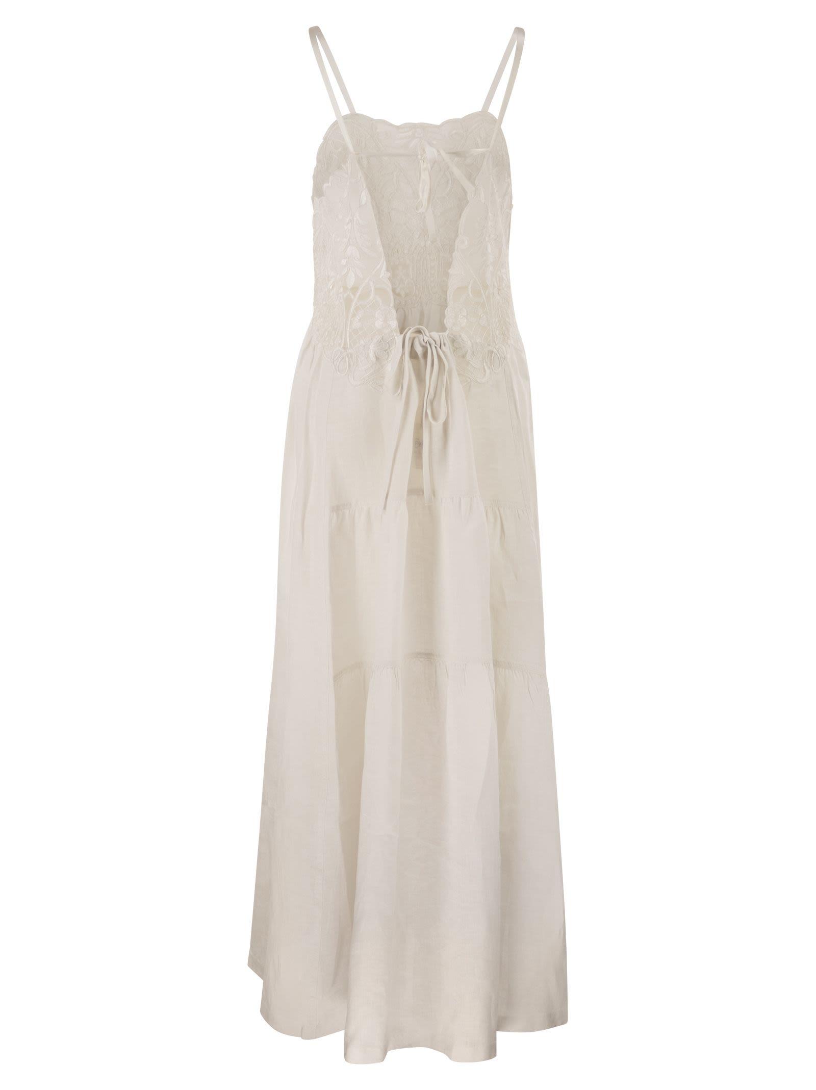 Maurizio Mykonos Long Linen Dress With Embroidered Bodice And Slim