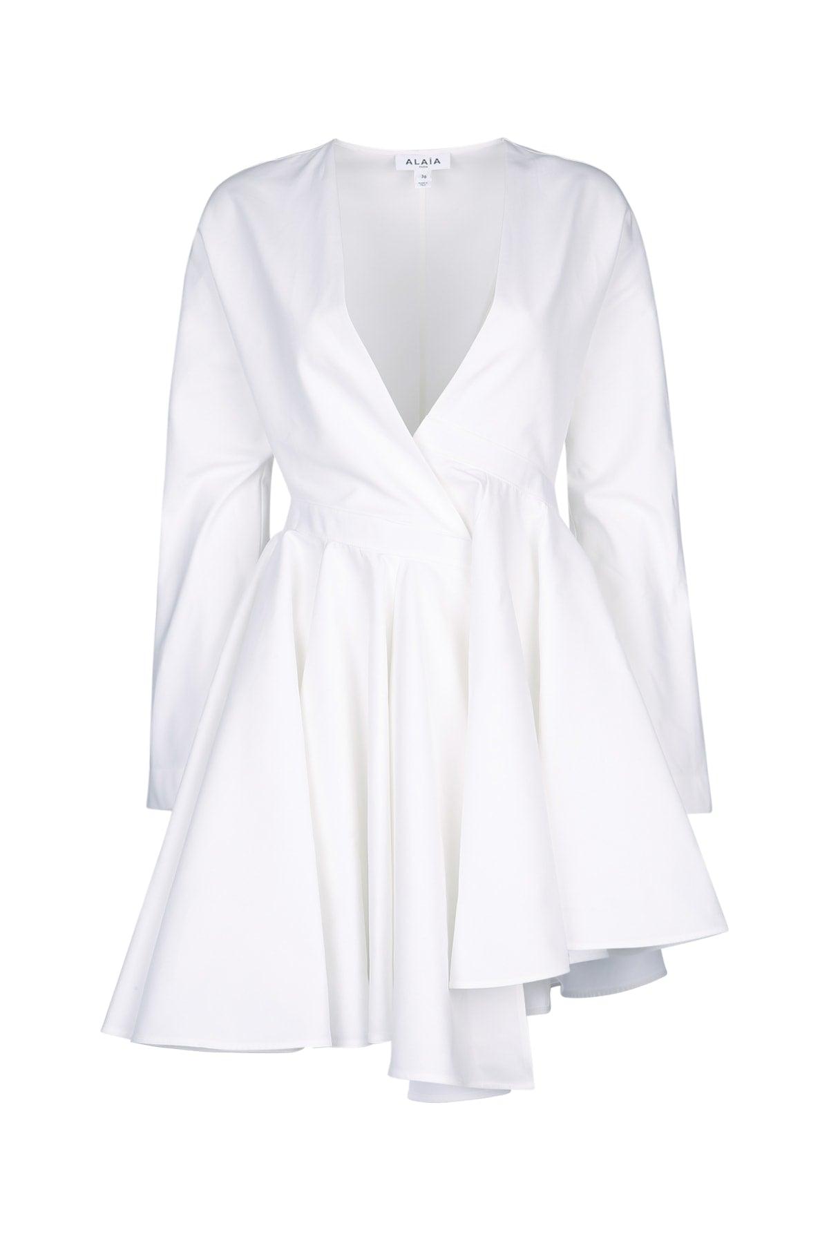 white asymmetrical dress long sleeve White Asymmetric Draped Dress