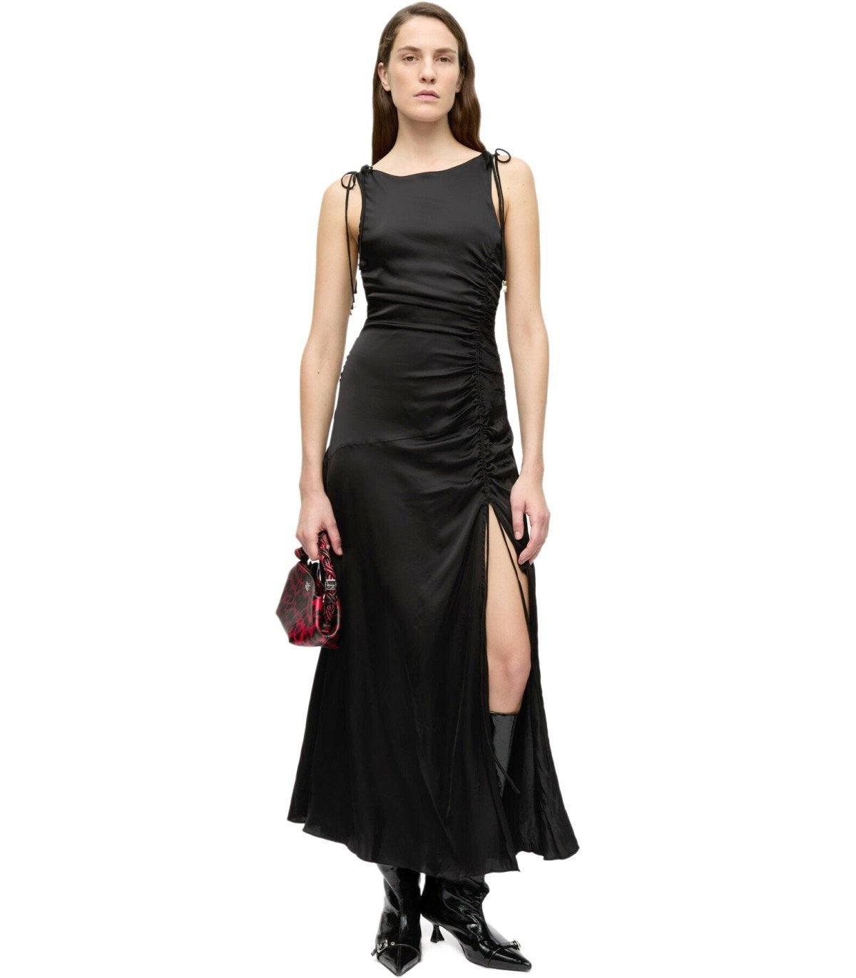 Ganni Satin Long Dress in Black | Lyst