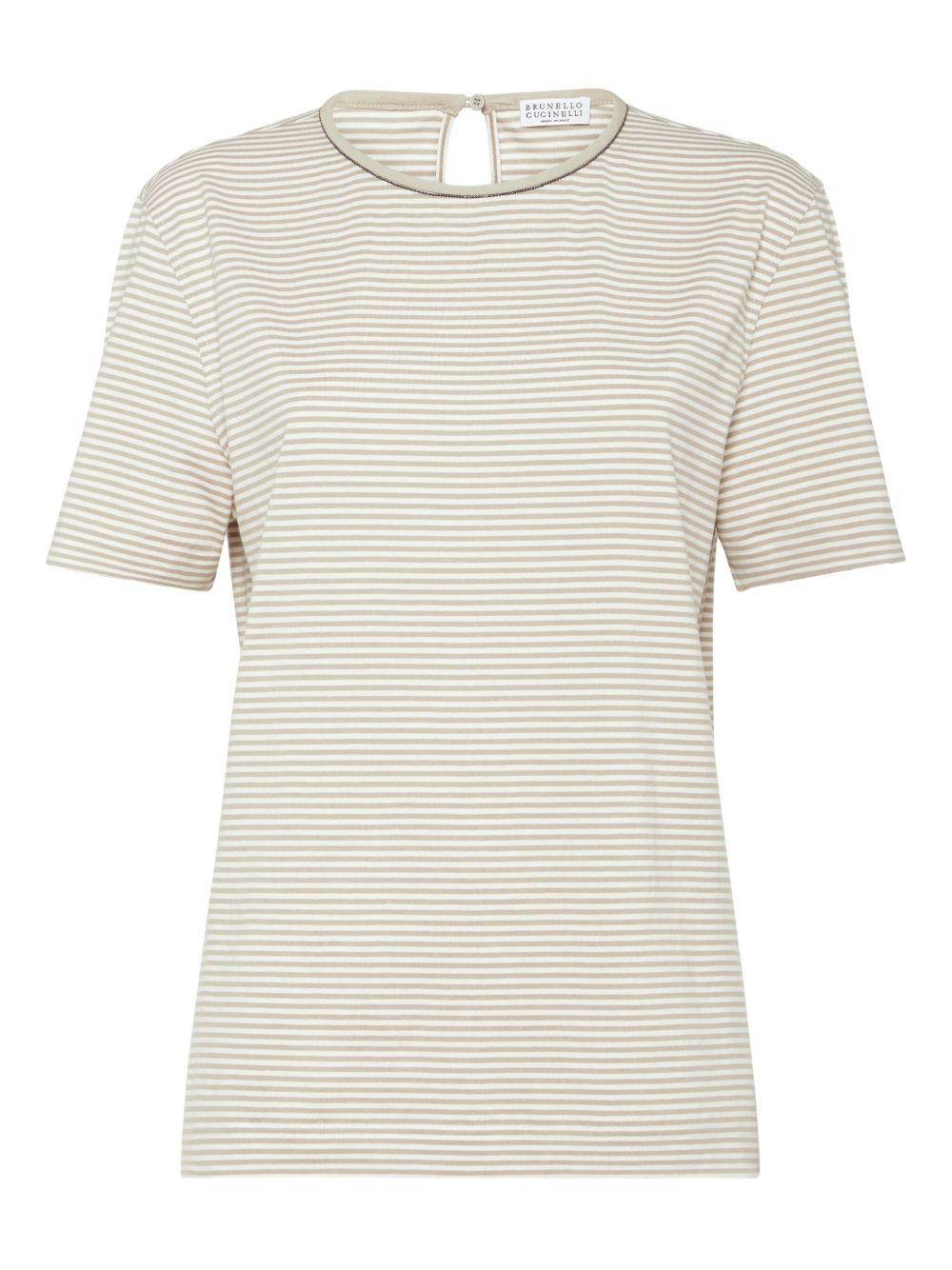 Tシャツ・カットソー BRUNELLO CUCINELLI COTTON TOP WITH SHINY PIPING T-shirt with monili for Woman in White | Brunello Cucinelli