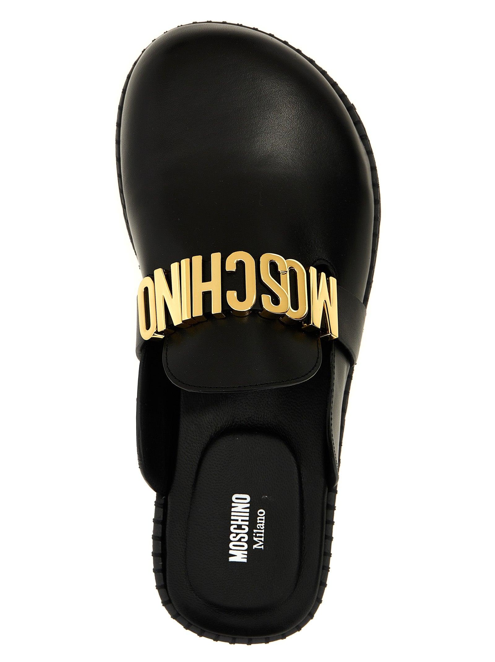 【MOSCHINO】Birky Sabots Moschino Men's Sabot Logo Embossed Leather Mules | Neiman Marcus