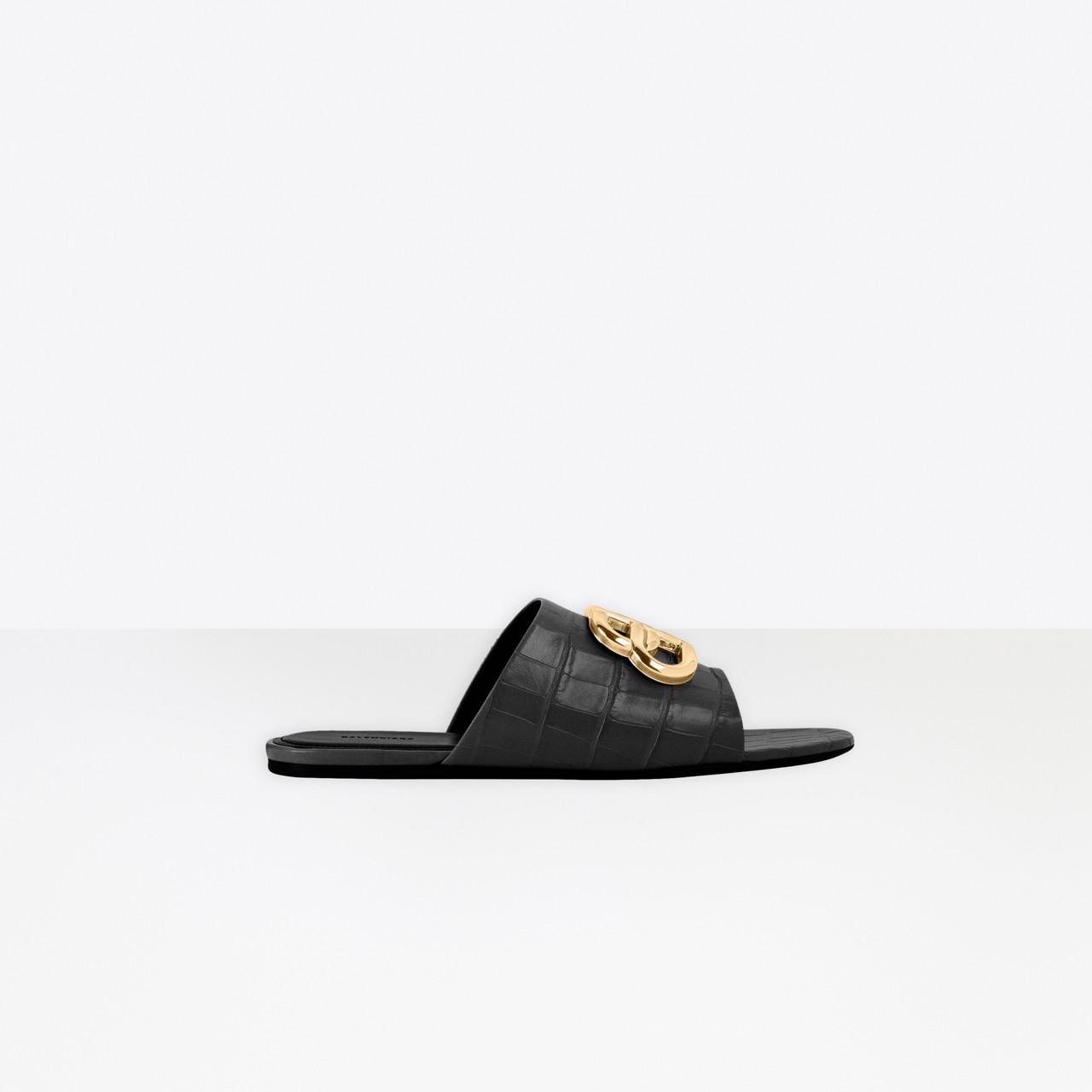 Balenciaga Leather Oval Bb Slide Sandal in Black / Gold (Black) - Lyst