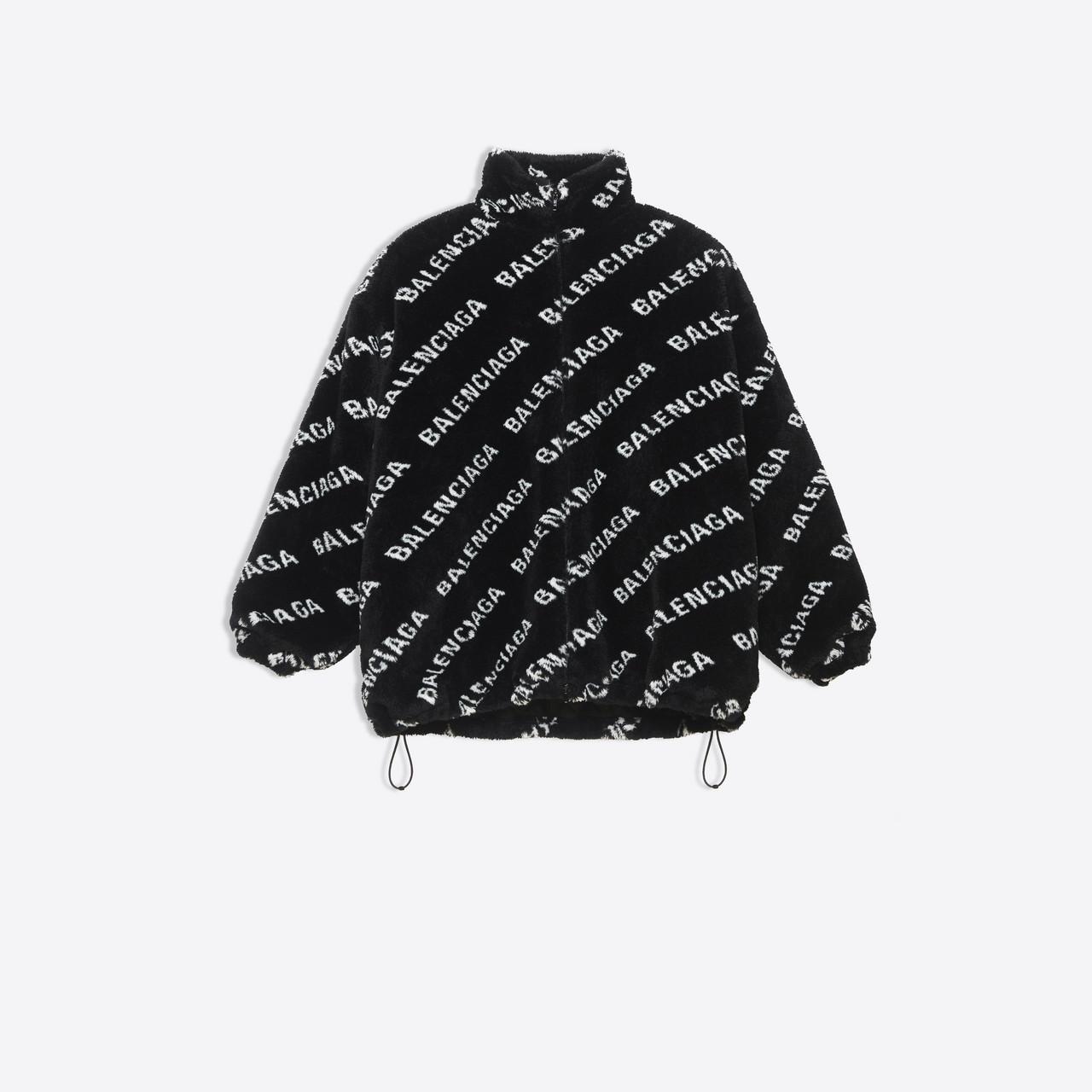 Balenciaga Allover Logo Fluffy Zip-up Jacket in Black | Lyst