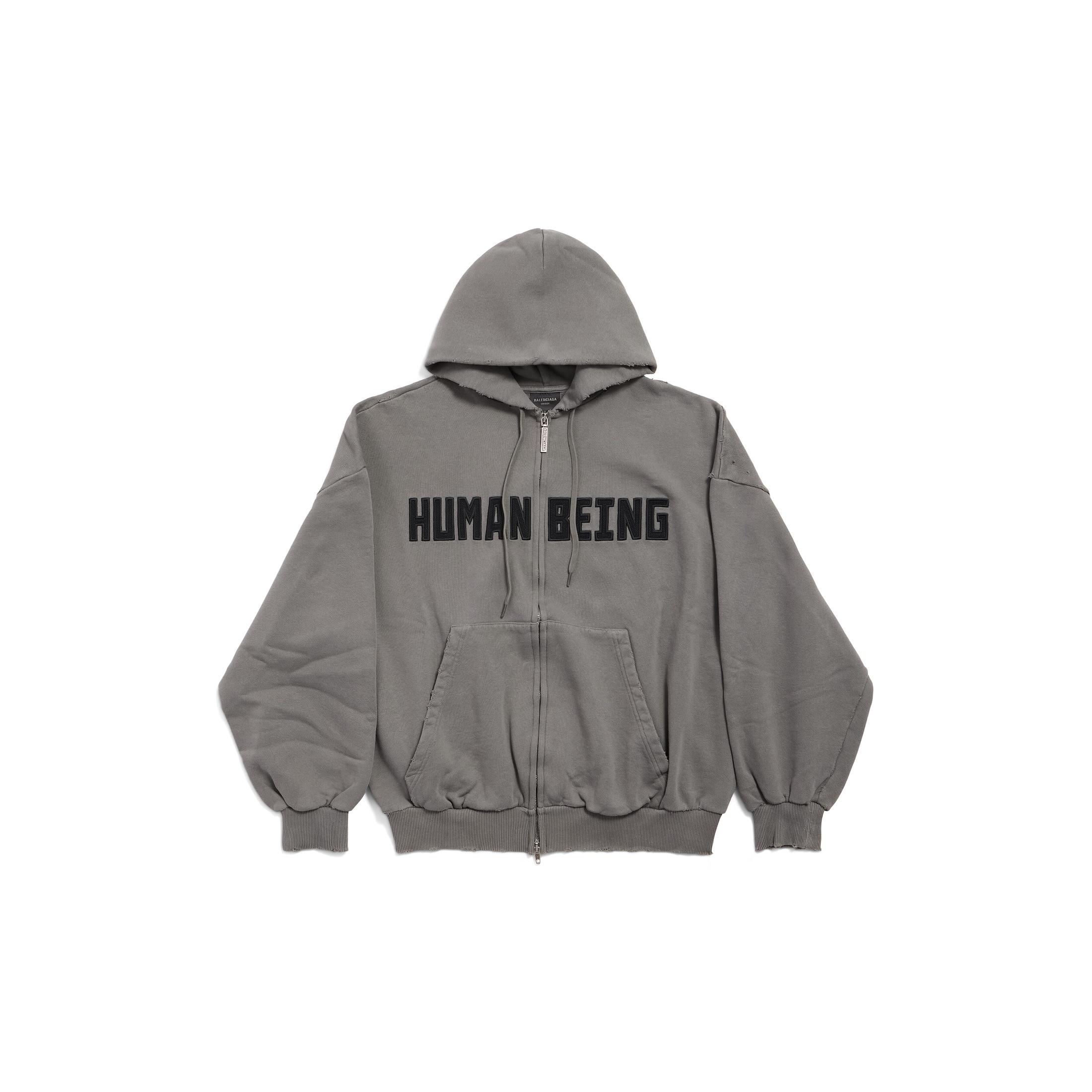 Balenciaga Human Being Appliqué Shifted Zip-Up Hoodie in Gray | Lyst