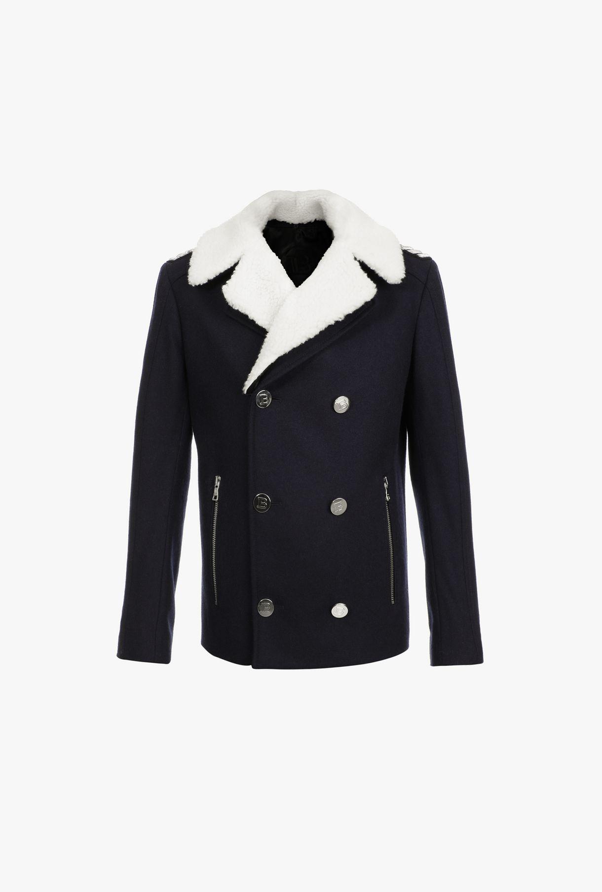 Balmain Navy Blue Wool Pea Coat With White Sheepskin Collar for Men Lyst