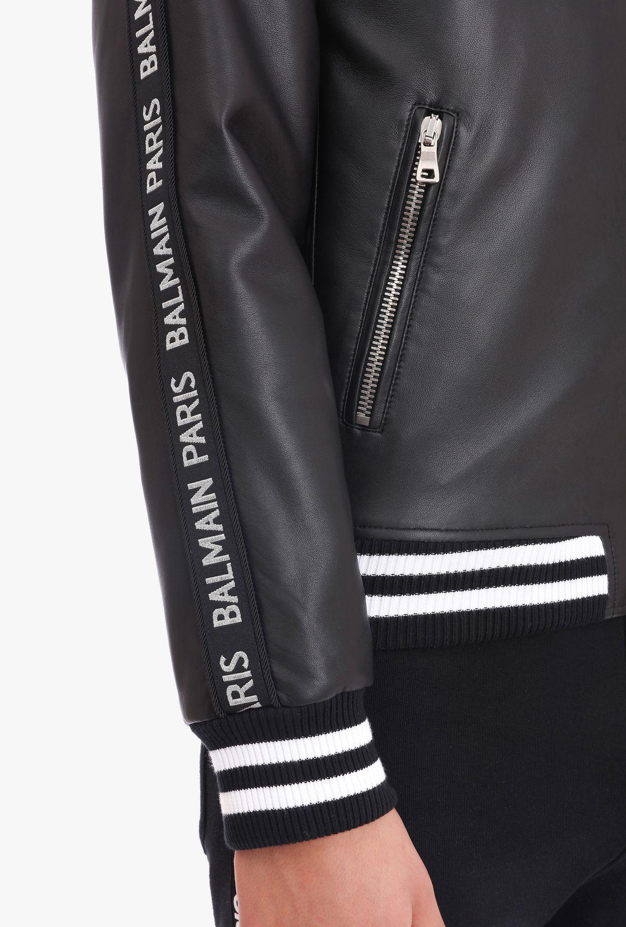Balmain Leather Bomber Jacket With Logo in Black for Men | Lyst