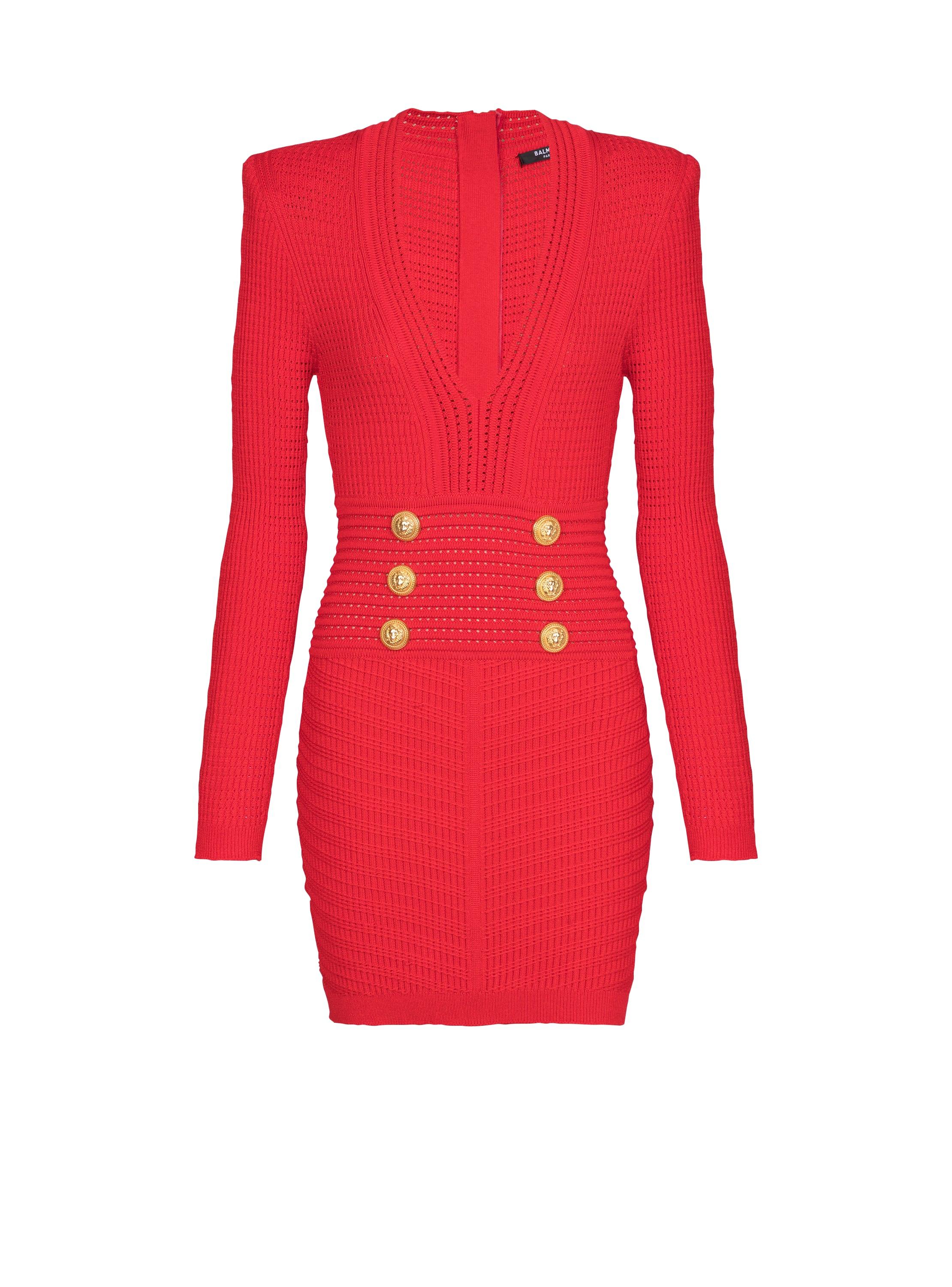 Balmain Long-Sleeve Buttoned V-Neck Knit Mini Dress in Red | Lyst