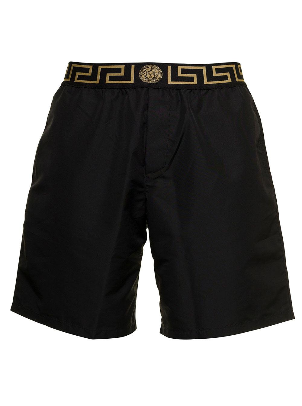 Versace Man's Black Nylon Beach Bermuda Shorts With Logo for Men | Lyst
