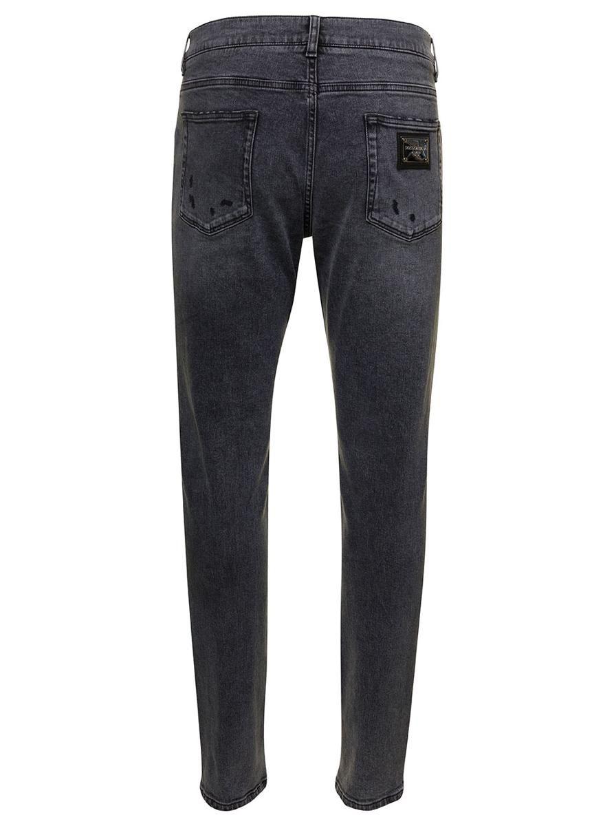 Dolce & Gabbana Grey Five-pockets Slim Jeans With Logo Plaque In