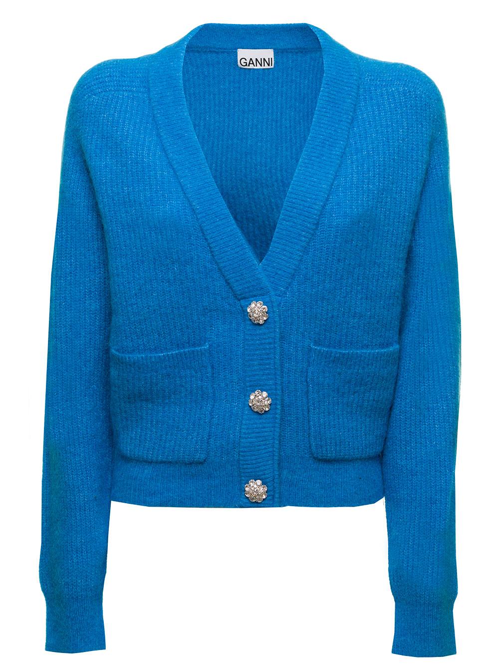 Ganni Woman's Light E Merino Wool Blend Cardigan With Jewel Buttons in Blue  | Lyst
