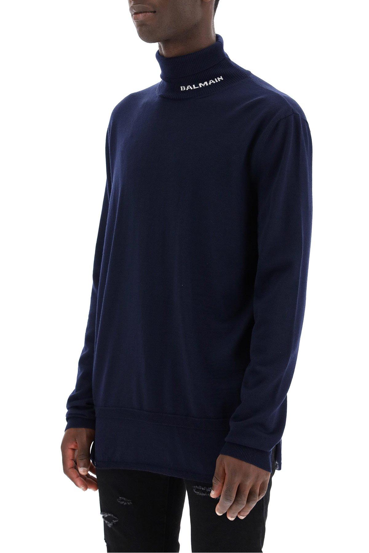 Balmain Wool Turtleneck With Logo Intarsia in Blue for Men - Save 4% - Lyst