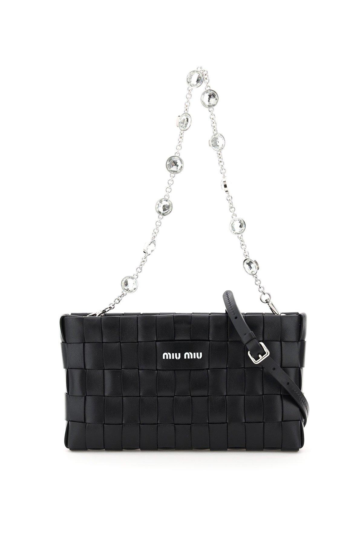 Miu Miu Woven Clutch With Crystal Chain in Black | Lyst