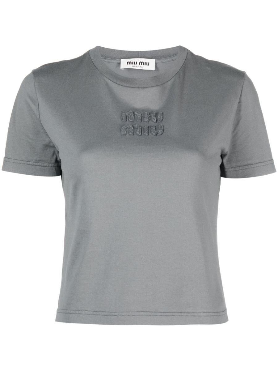 Miu Miu Logo-embossed Cotton Cropped T-shirt in Gray | Lyst Miu Miu Logo-embossed Cotton Cropped T-shirt in Gray | Lyst
