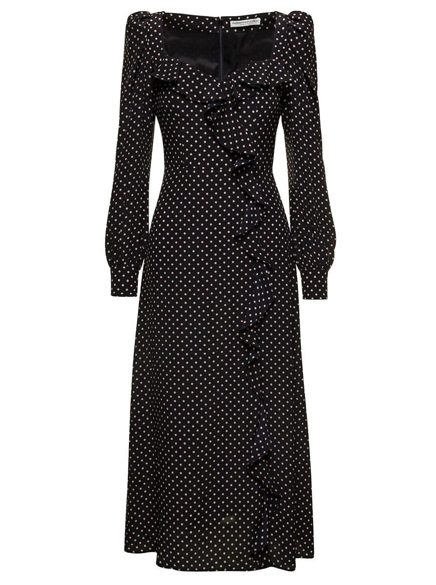Alessandra Rich Polka Dot Midi Dress With Volant In Silk Woman in Black ...