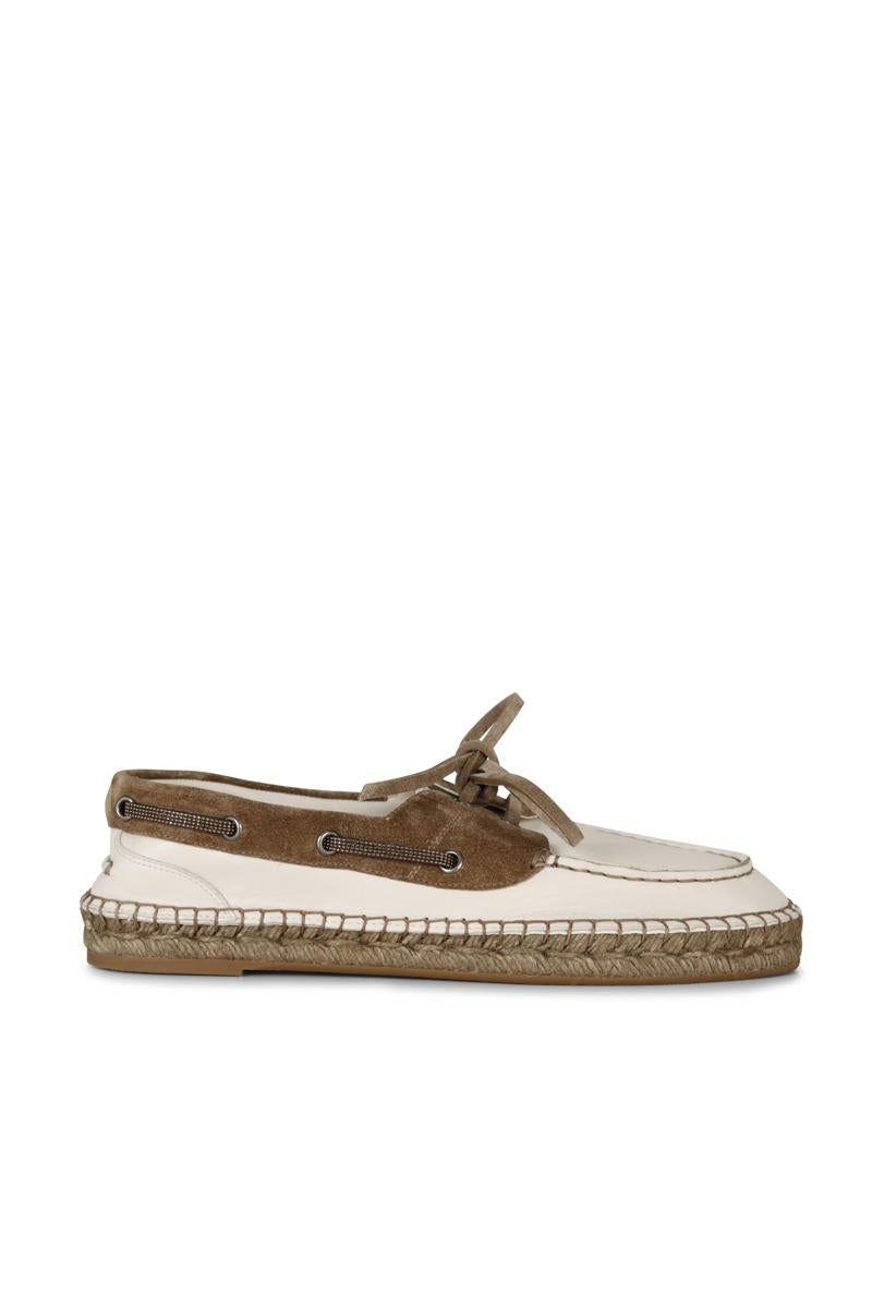 Brunello Cucinelli Leather And Suede Boat Shoes in Natural | Lyst