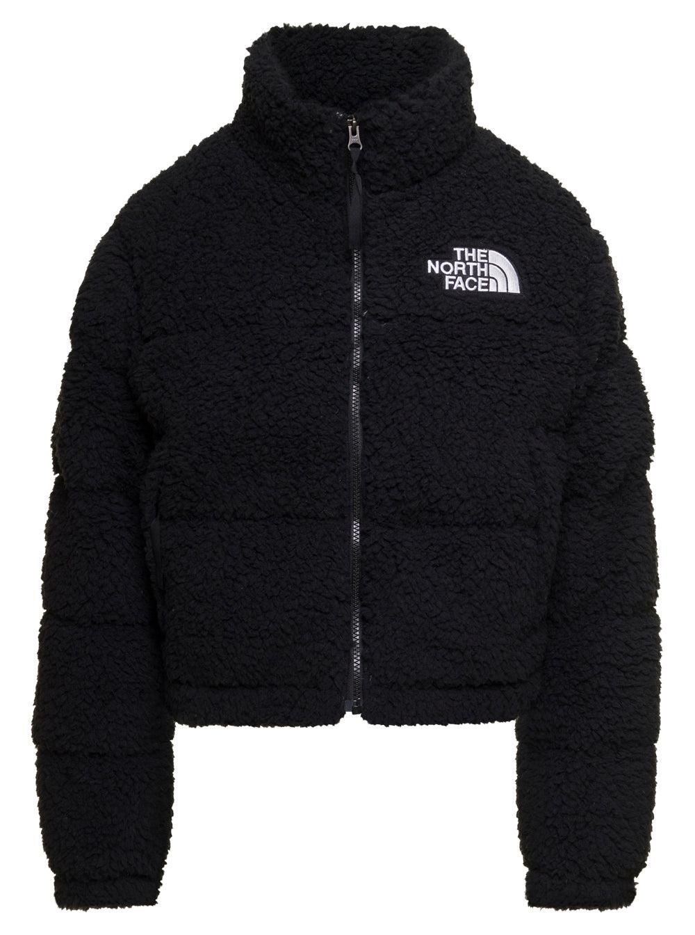 The North Face 'nuptse' Short Black Hgh Pile Jacket With Contrasting ...