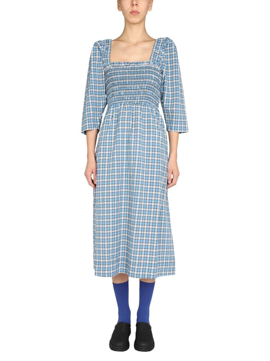 Ganni Cotton Dress With Plaid Pattern in Blue - Save 43% | Lyst Australia