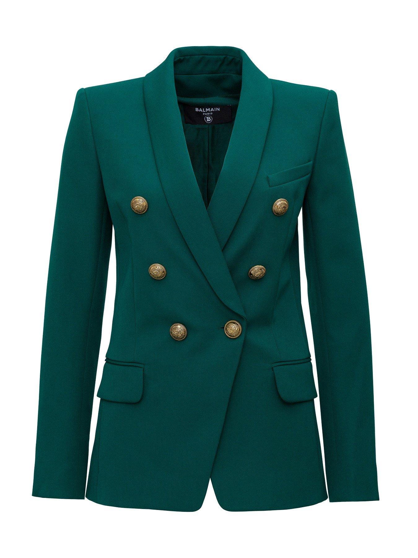 Balmain Wool Double-breasted Blazer, Plain Pattern in Green - Lyst