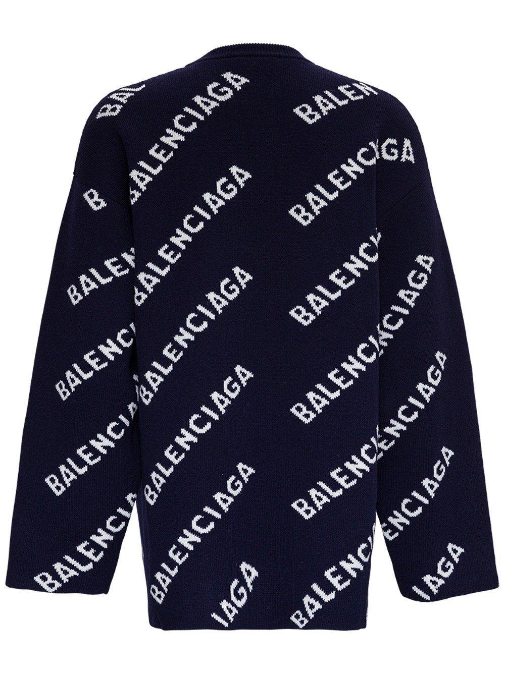 Balenciaga Wool Blend Sweater With Allover Logo in Blue for Men - Lyst