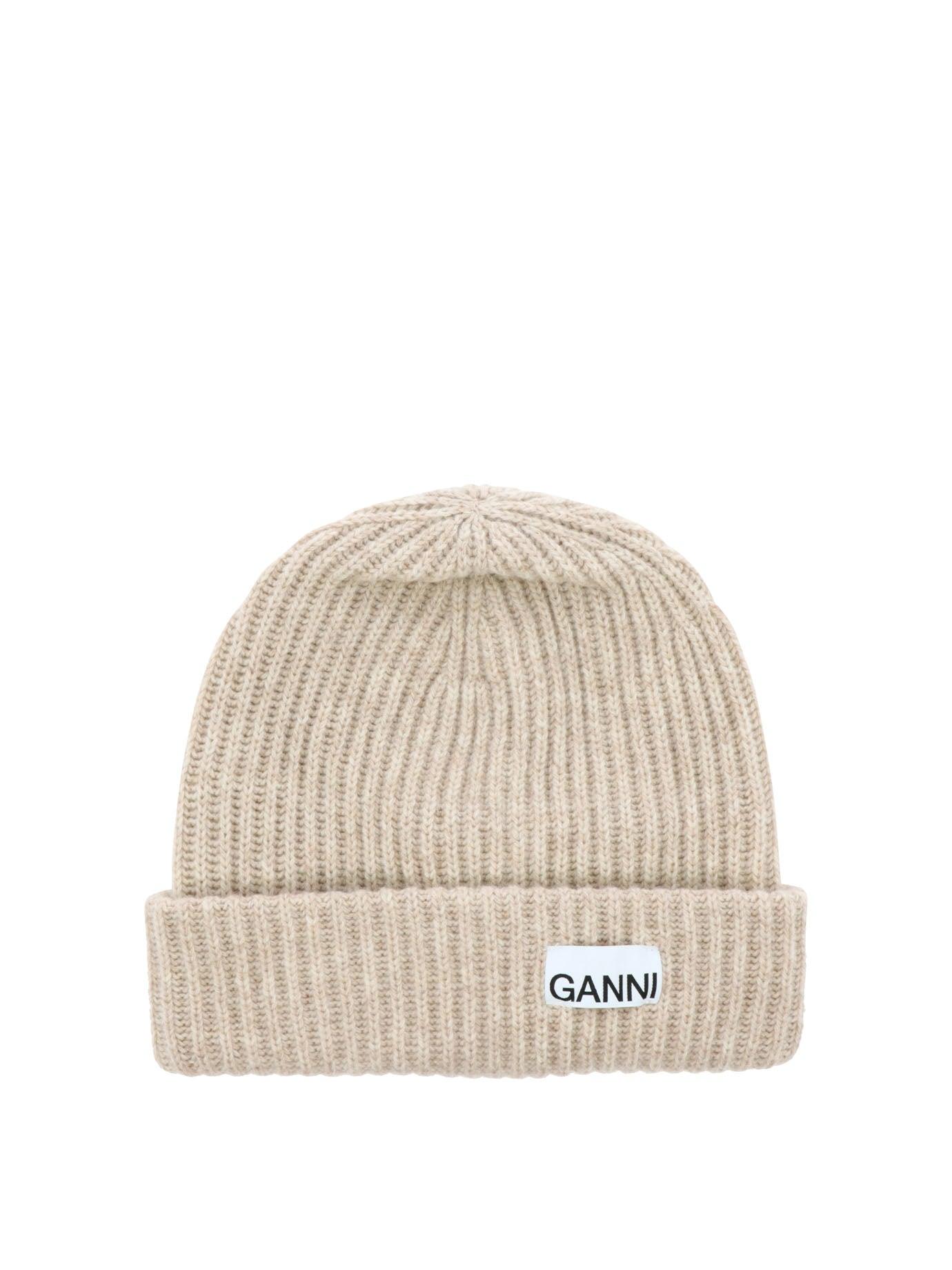 Ganni Ribbed Beanie With Patch in Natural | Lyst