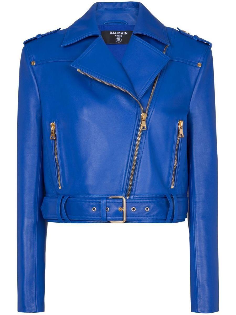 Balmain Cropped Leather Jacket Blue | Lyst