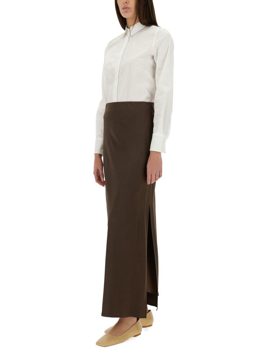 Brunello Cucinelli Fluid Bias-Cut Satin Skirt in Brown | Lyst