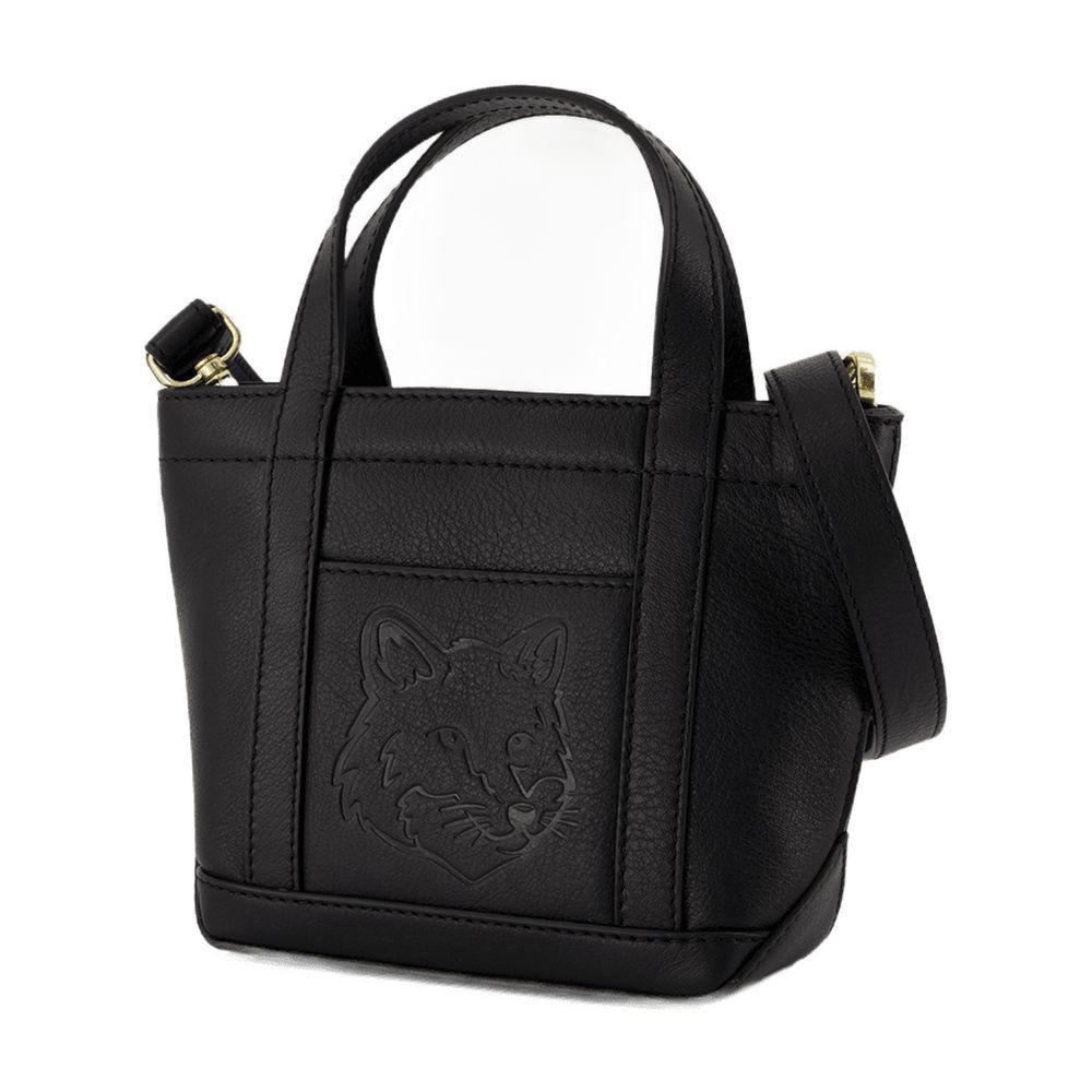 【MAISON KITSUNE】Fox Head Poofer Mini Tote Bag Black ☆ FOX HEAD LEATHER MINI TOTE | Maison Kitsuné