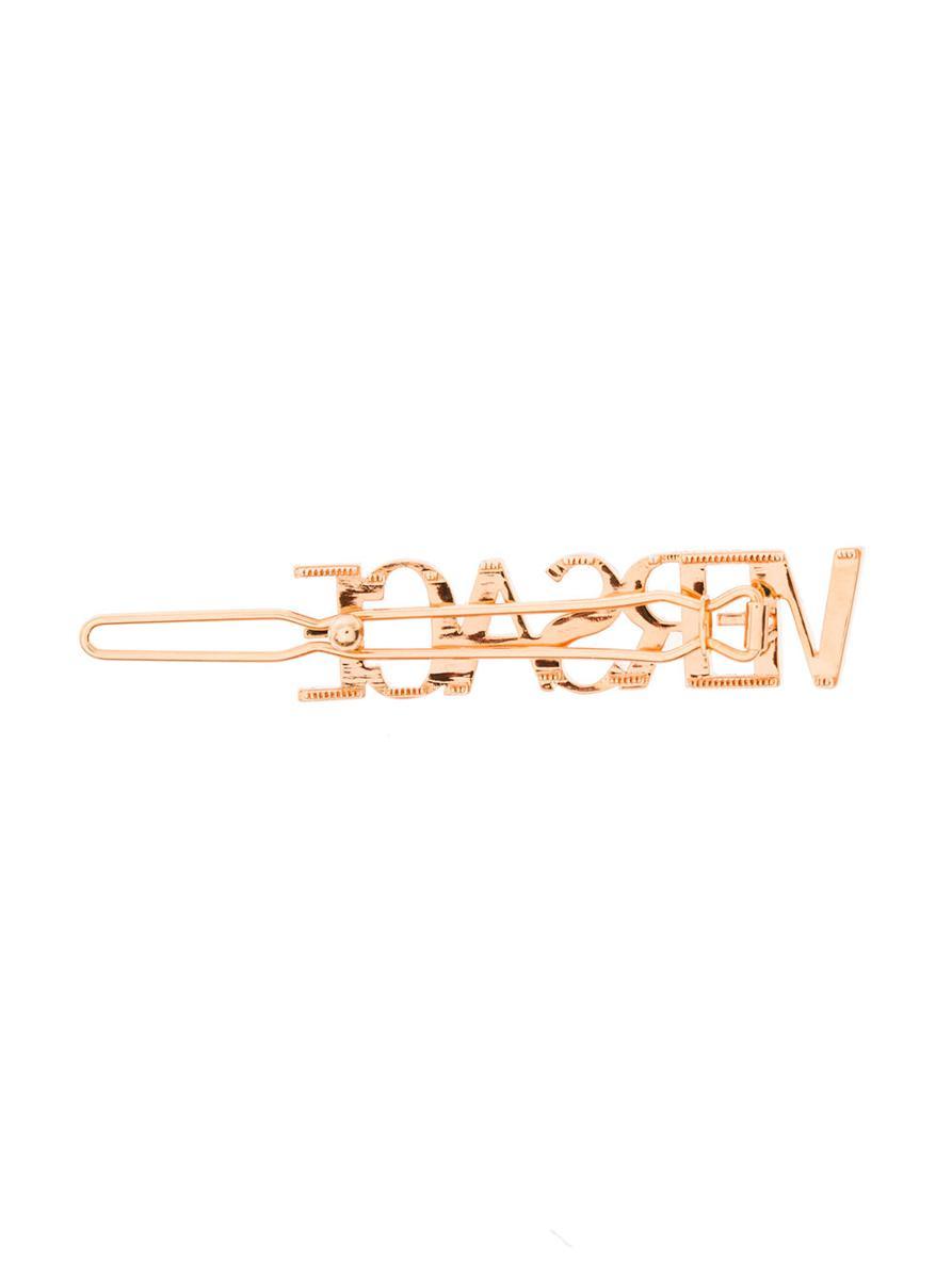 Versace Antique Gold-tone Logo Hair Clip In Brass Woman in White | Lyst