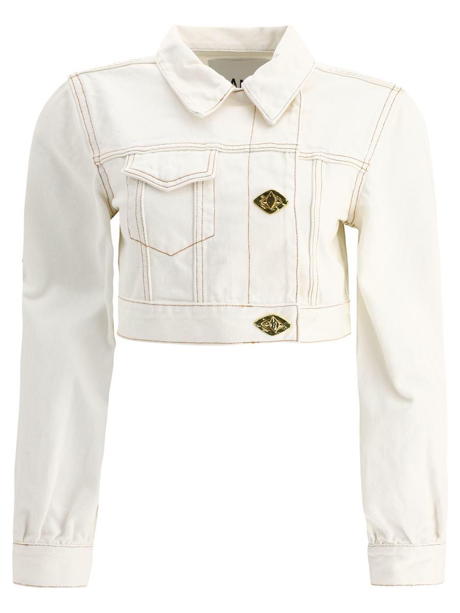 Ganni Cropped Trucker Jacket in Natural | Lyst