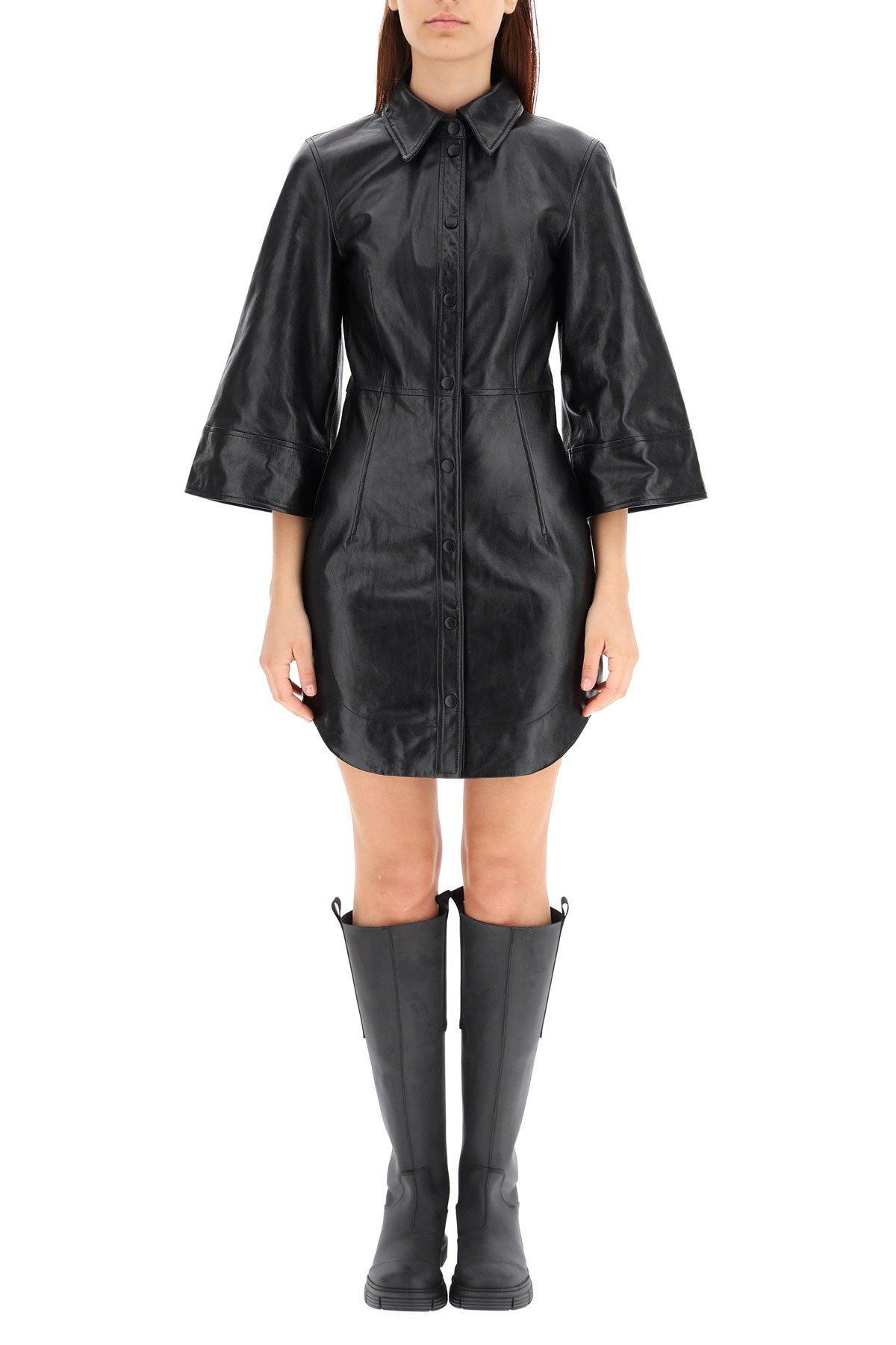 Ganni Leather Mini Dress in Black | Lyst