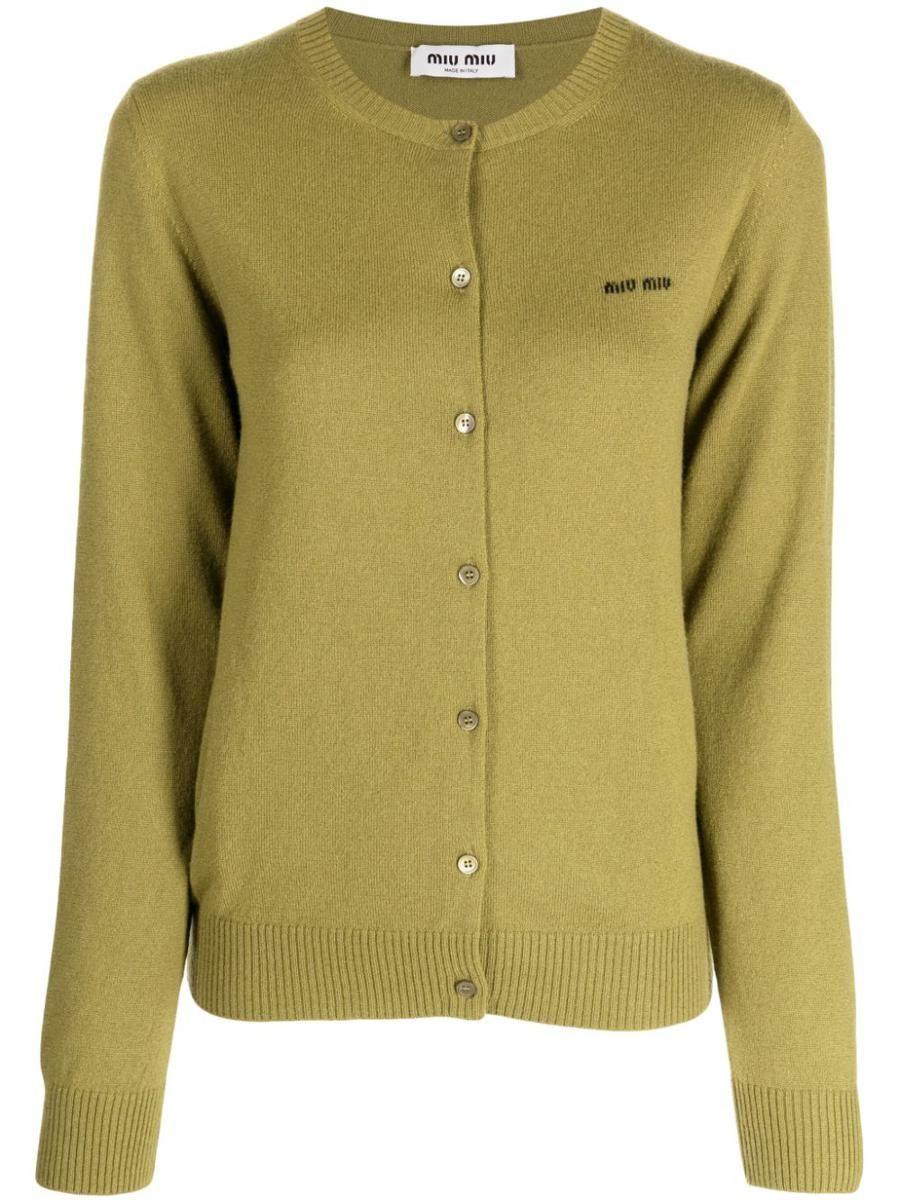 トップス miumiu/layered knit cardigan Miumiu 23 Womens Knitted Blue Chunky Cardigan Coat With V