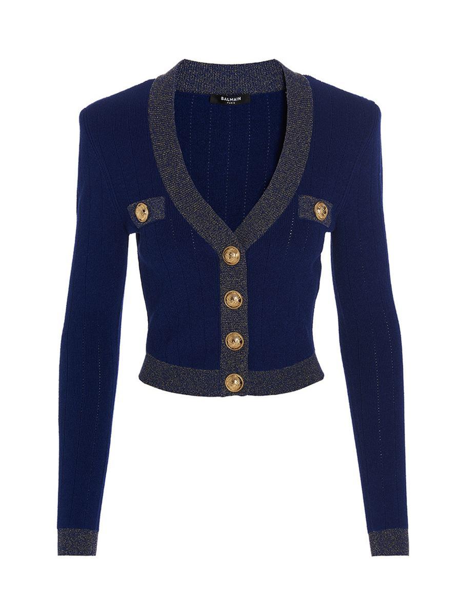 Balmain Cardigan 'gold Edge Buttoned Knit Cropped' in Blue | Lyst