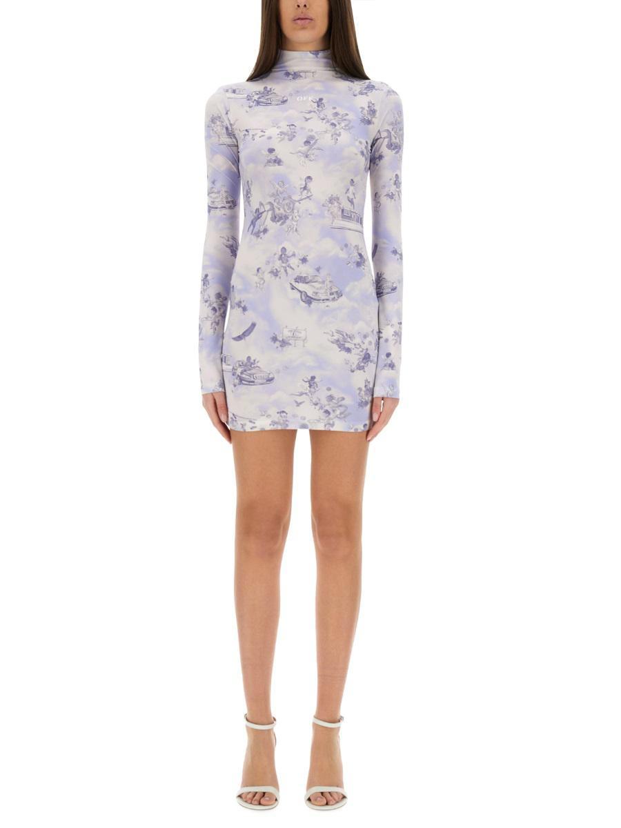 ワンピース OFF-WHITE DRESS WITH LOGO White Mini Dress - Smocked Bodycon Dress - Off Shoulder Dress