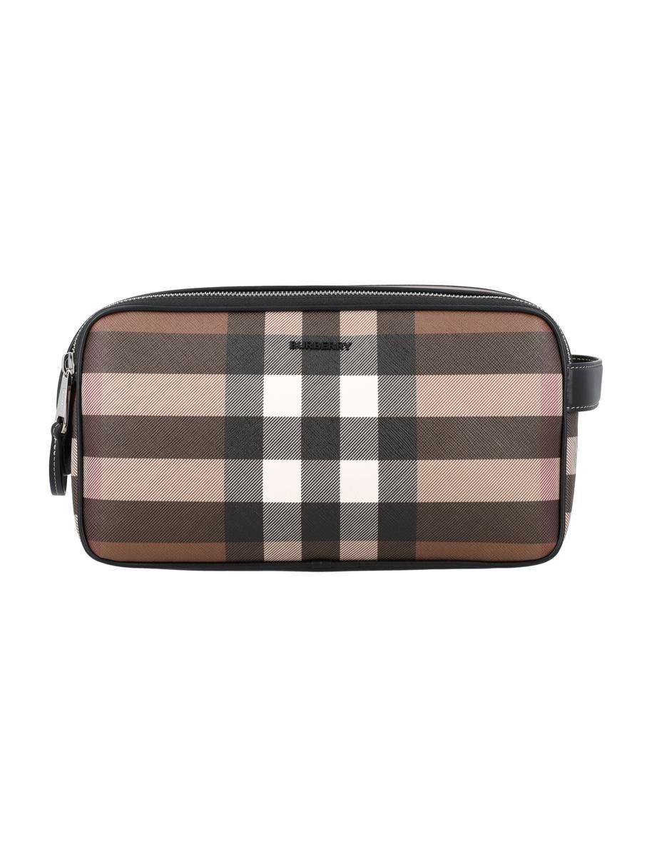 Burberry Men's Check Leather-trimmed Travel Pouch - Charcoal