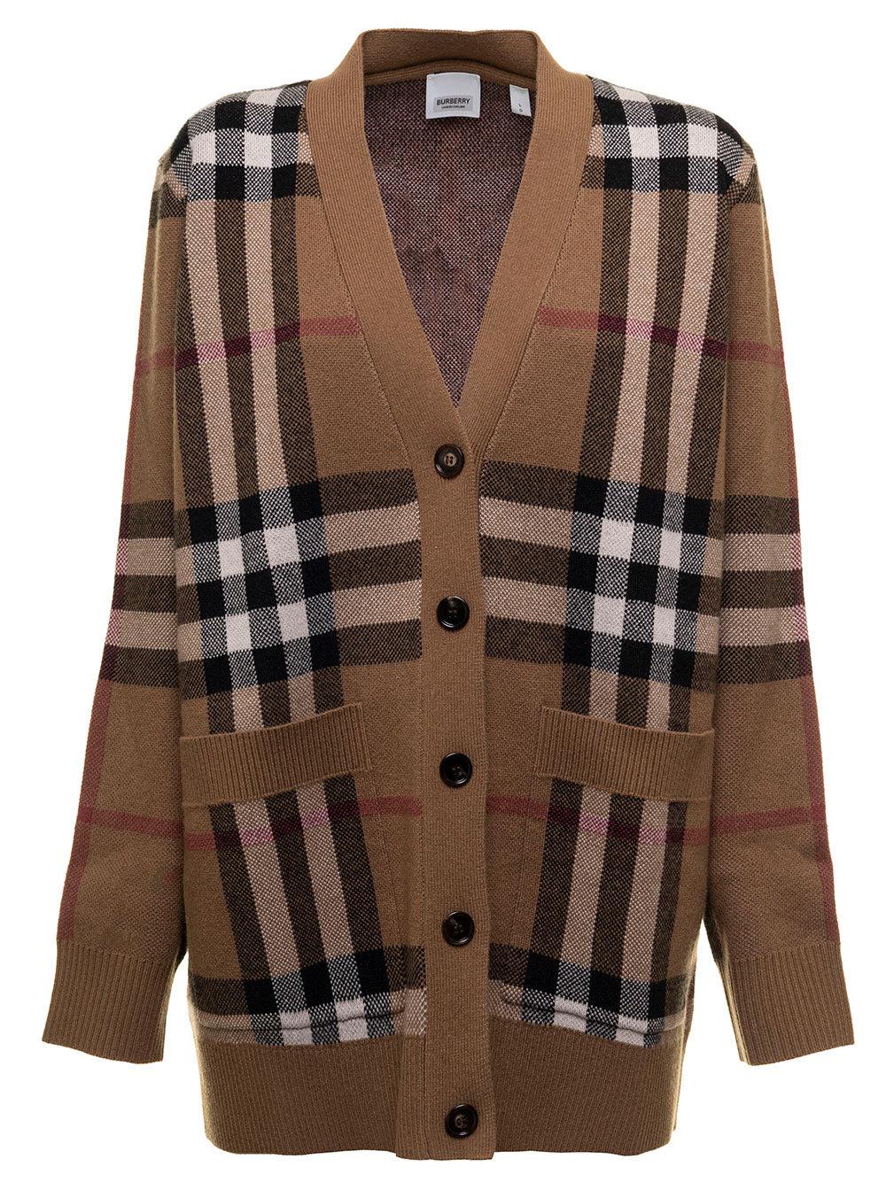 Burberry Wool And Cashmere Vintage Check Cardigan Woman in Brown | Lyst