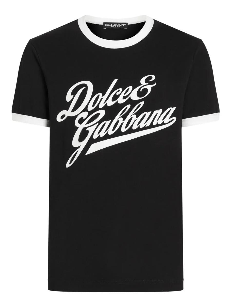 DOLCE&GABBANA レタープリント Tシャツ DOLCE&GABBANA ロゴプレートプリント コットン製 Tシャツ *BLUE