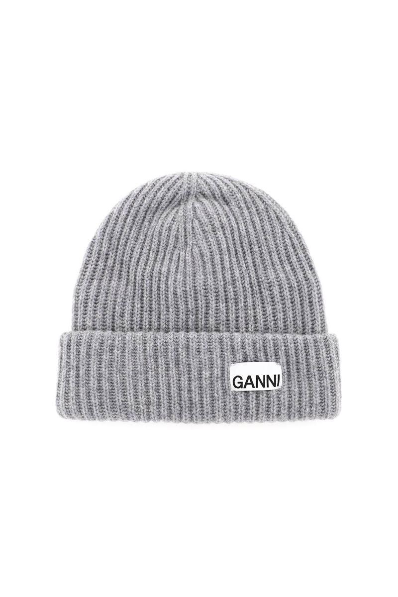 Ganni Beanie With Patch Logo in Gray | Lyst