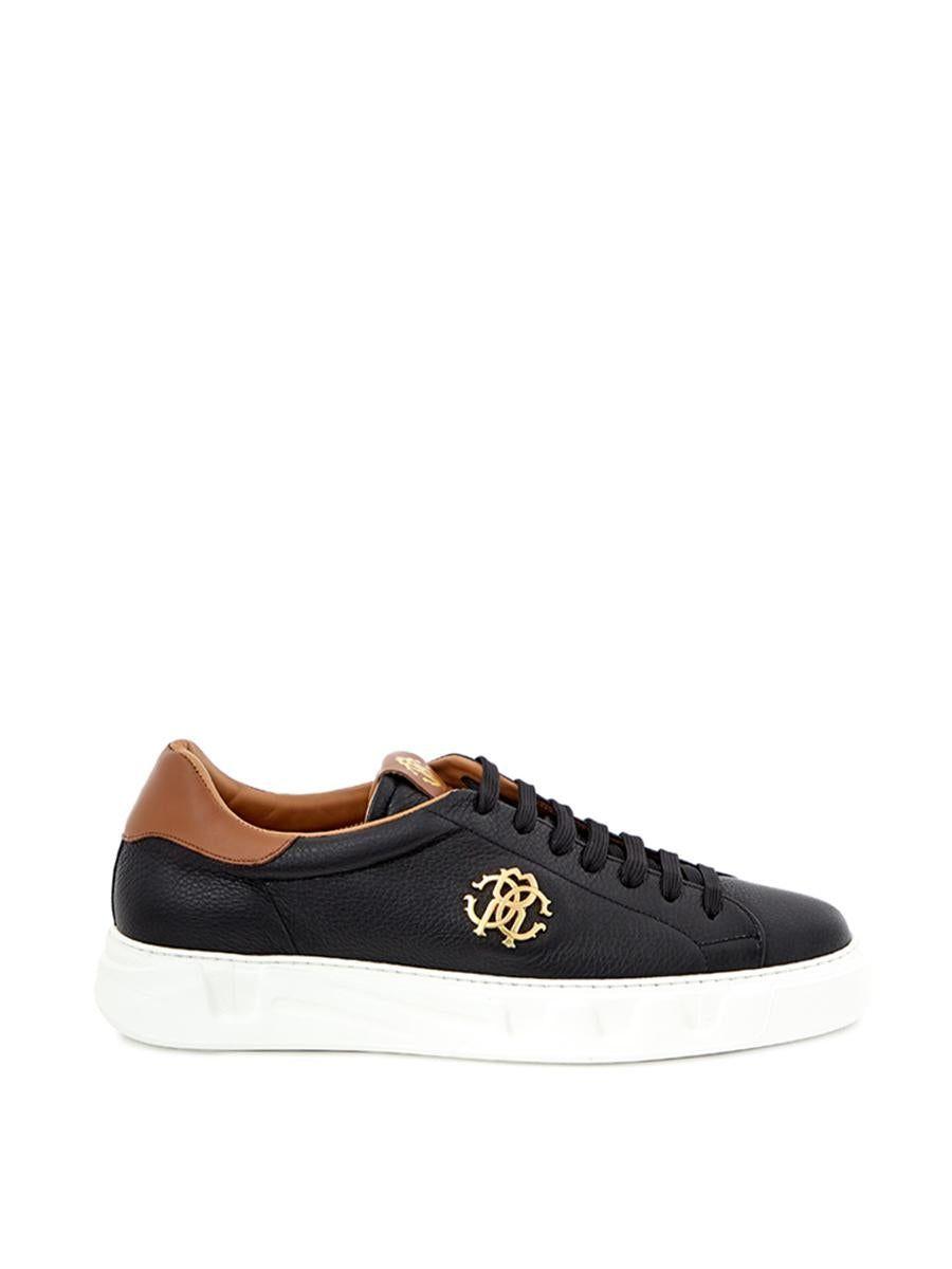 Roberto Cavalli Leather Sneakers With Gold Logo in Black for Men | Lyst