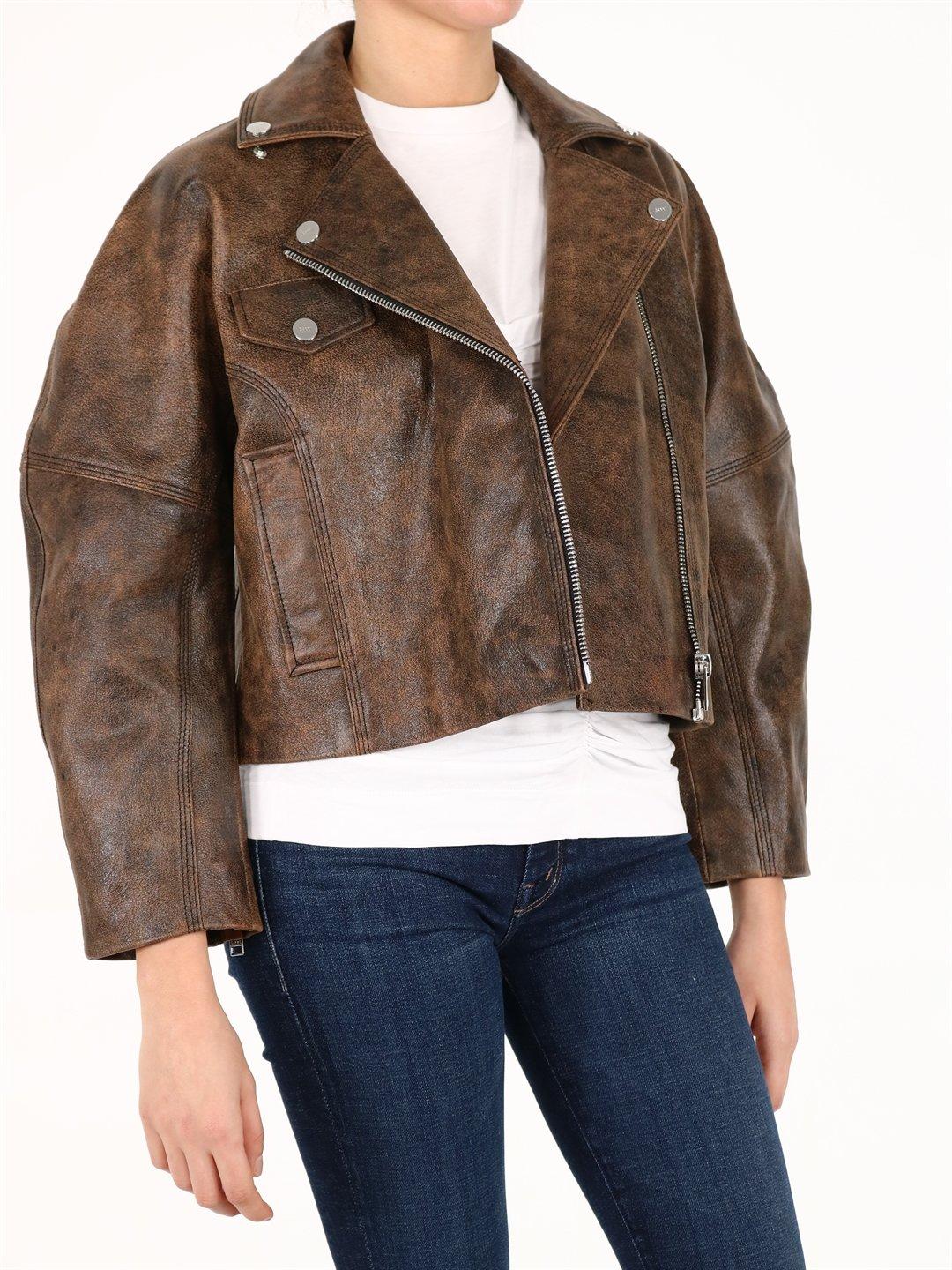 Ganni Washed Leather Jacket in Brown - Lyst