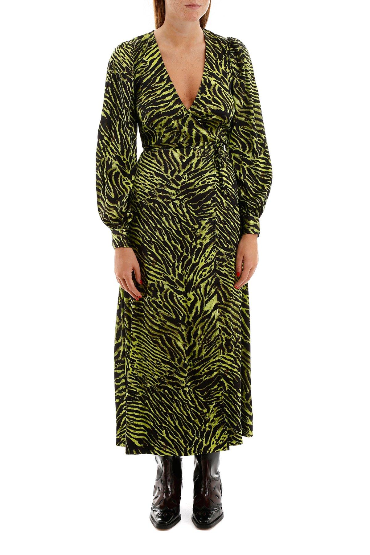 Ganni Silk Stretch Satin Dress in Green/Black/Animal Print (Green) - Save  79% - Lyst