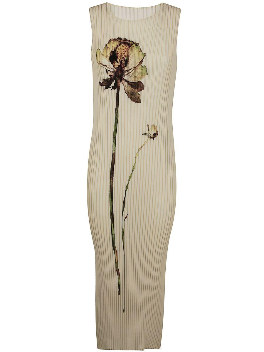 【ISSEY MIYAKE】PRESSED FLORA PLEATS DRESS ISSEY MIYAKE: Yellow Pressed Flora Pleats Maxi Dress | SSENSE