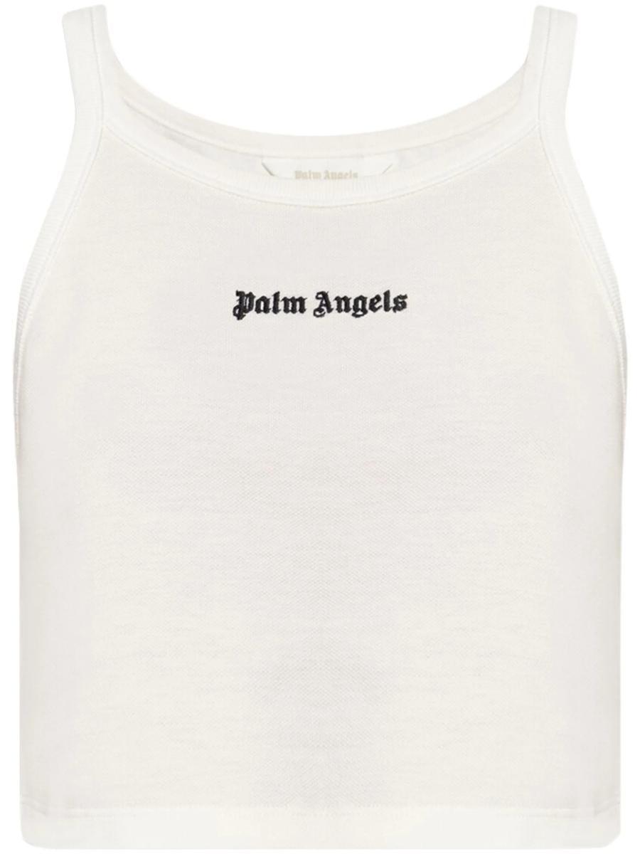 Tシャツ・カットソー PALM ANGELS LOGO RIBBED TANK TOP Palm Angels logo-embroidered Ribbed Tank Top | White | FARFETCH