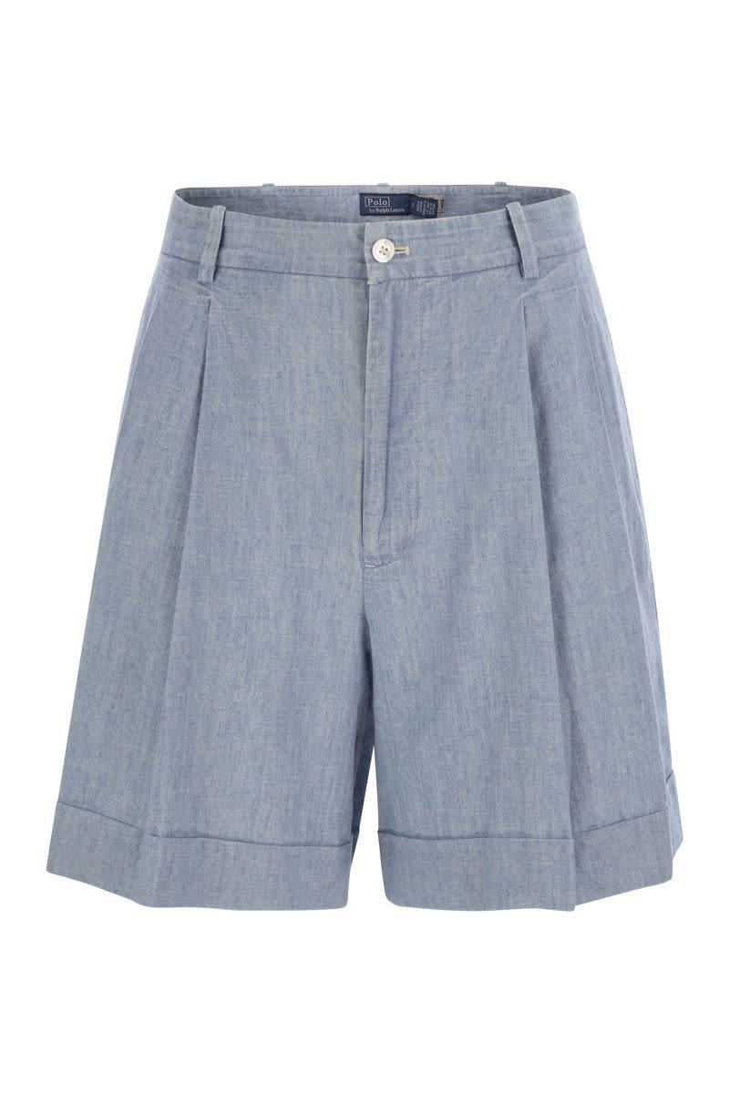 ショートパンツ Ralph Lauren Pleated cotton chambray shorts (211959939 001) Polo Ralph Lauren Pleated Cotton Chambray Shorts In Blue